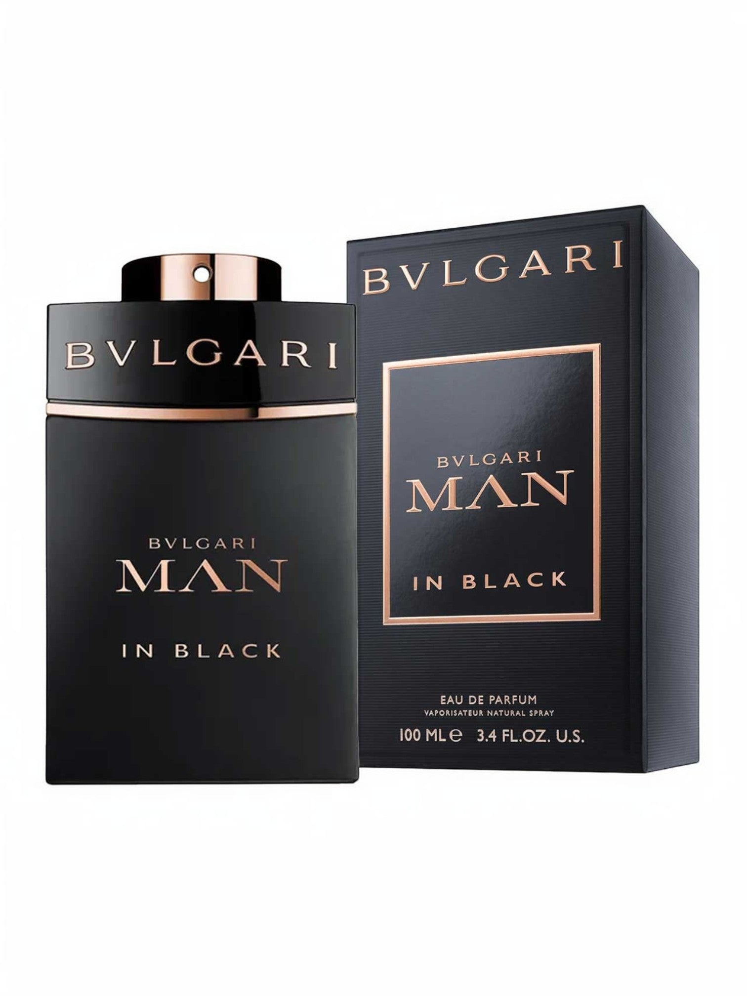 Maison Glitter Bvlgari Man In Black Eau de Parfum for men, 100ml. Black bottle with rose gold accents.