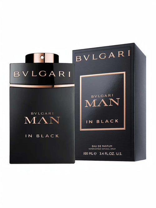 Maison Glitter Bvlgari Man In Black Eau de Parfum for men, 100ml. Black bottle with rose gold accents.
