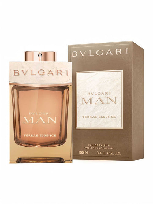 Maison Glitter Bvlgari Man Terrae Essence Eau de Parfum for men, 100ml. Amber liquid in a glass bottle with a marble-effect cap.