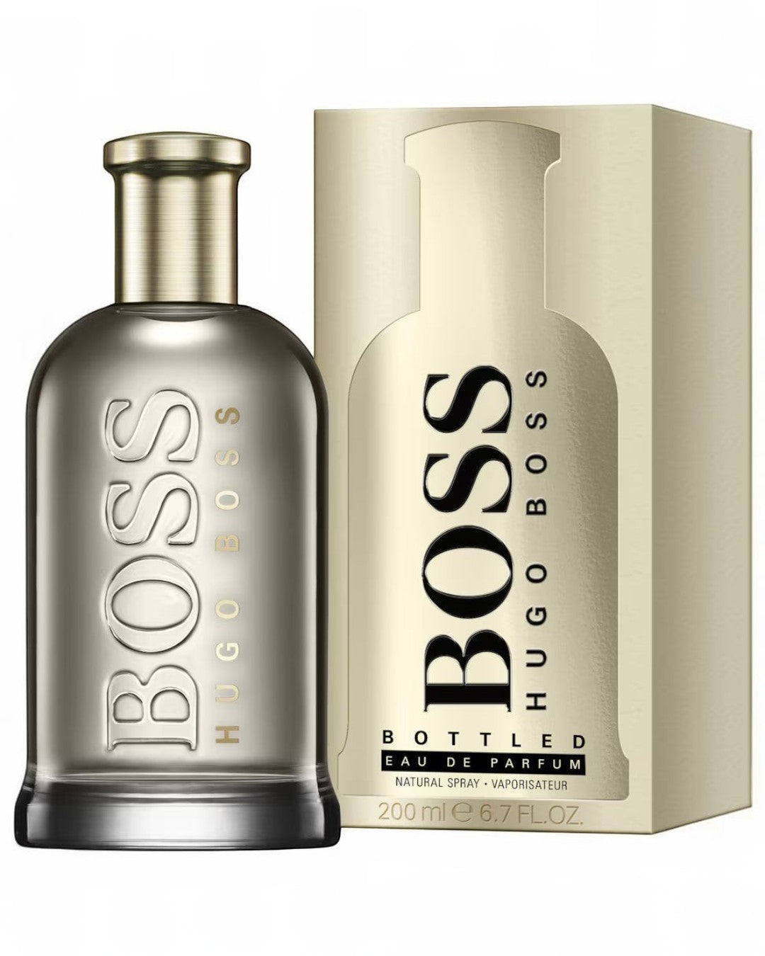Maison Glitter Hugo Boss Bottled Eau de Parfum for men, 200ml bottle with gold cap and box.