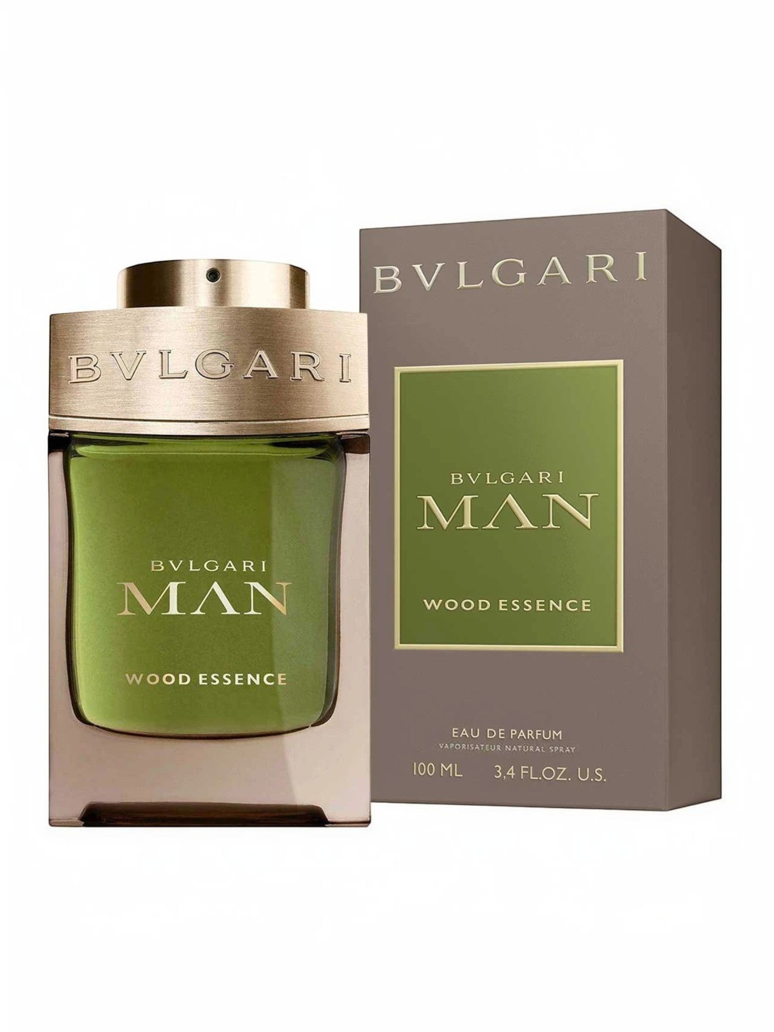 Maison Glitter Bvlgari Man Wood Essence Eau de Parfum for men, 100ml bottle with green liquid and gold cap, alongside its grey box.