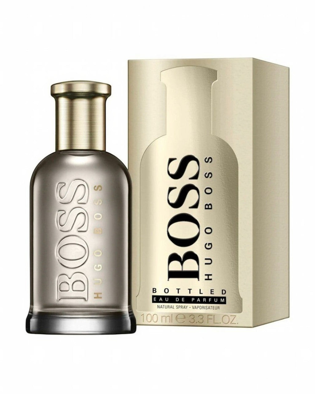 Maison Glitter Hugo Boss Bottled Eau de Parfum for men, 100ml bottle with gold cap and matching box.