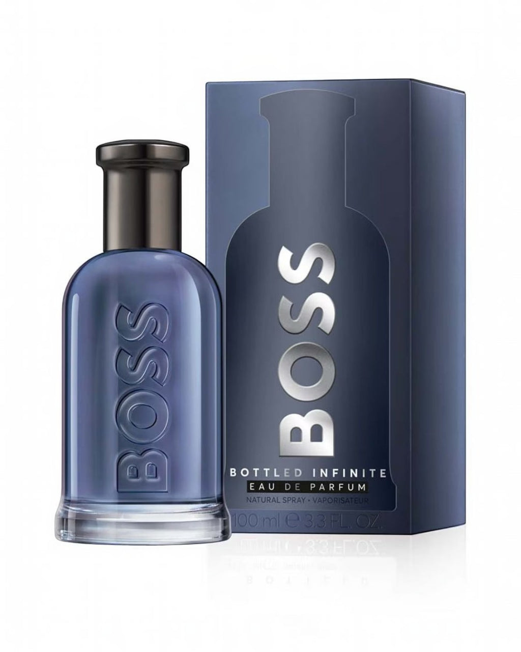 Maison Glitter Hugo Boss Bottled Infinite Eau de Parfum for men, 100ml bottle with dark grey cap and blue box.