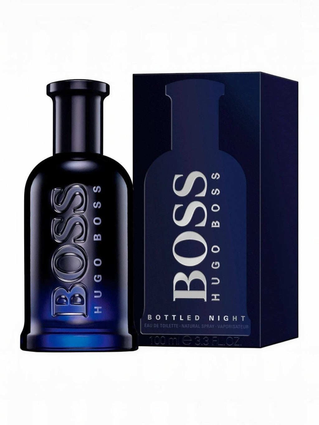 Maison Glitter Hugo Boss Bottled Night Eau de Toilette 100ml spray bottle and box, dark blue glass.