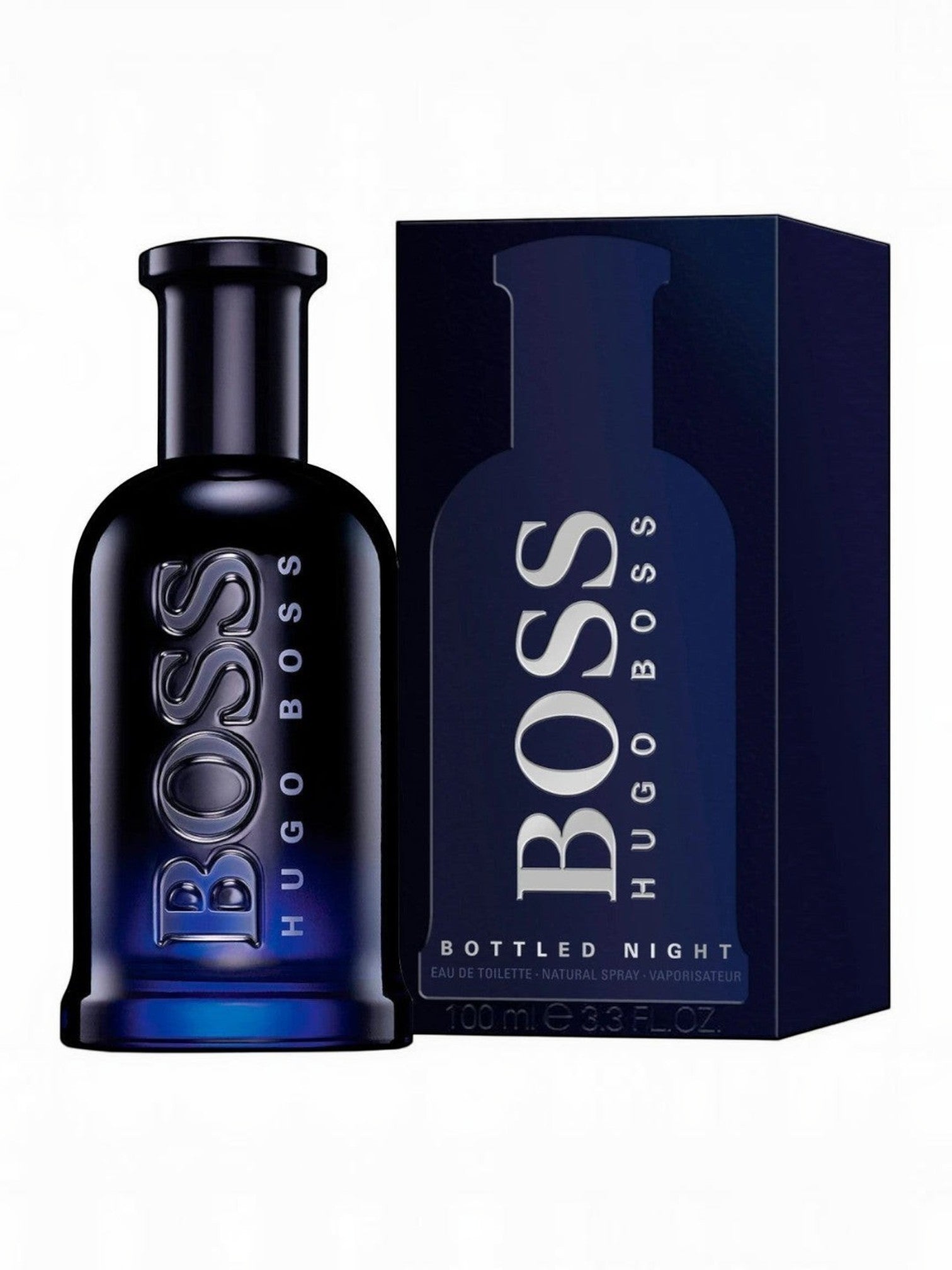 Maison Glitter Hugo Boss Bottled Night Eau de Toilette 100ml spray bottle and box, dark blue glass.