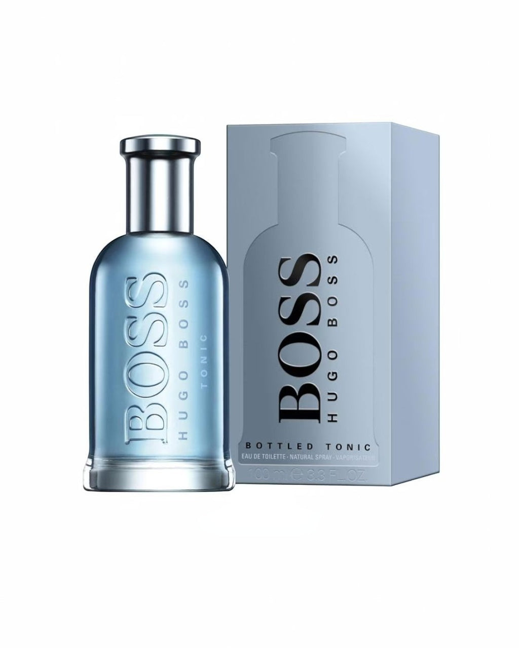 Maison Glitter Hugo Boss Bottled Tonic Eau de Toilette for men, 100ml bottle with silver cap and light blue liquid, next to its light blue box.