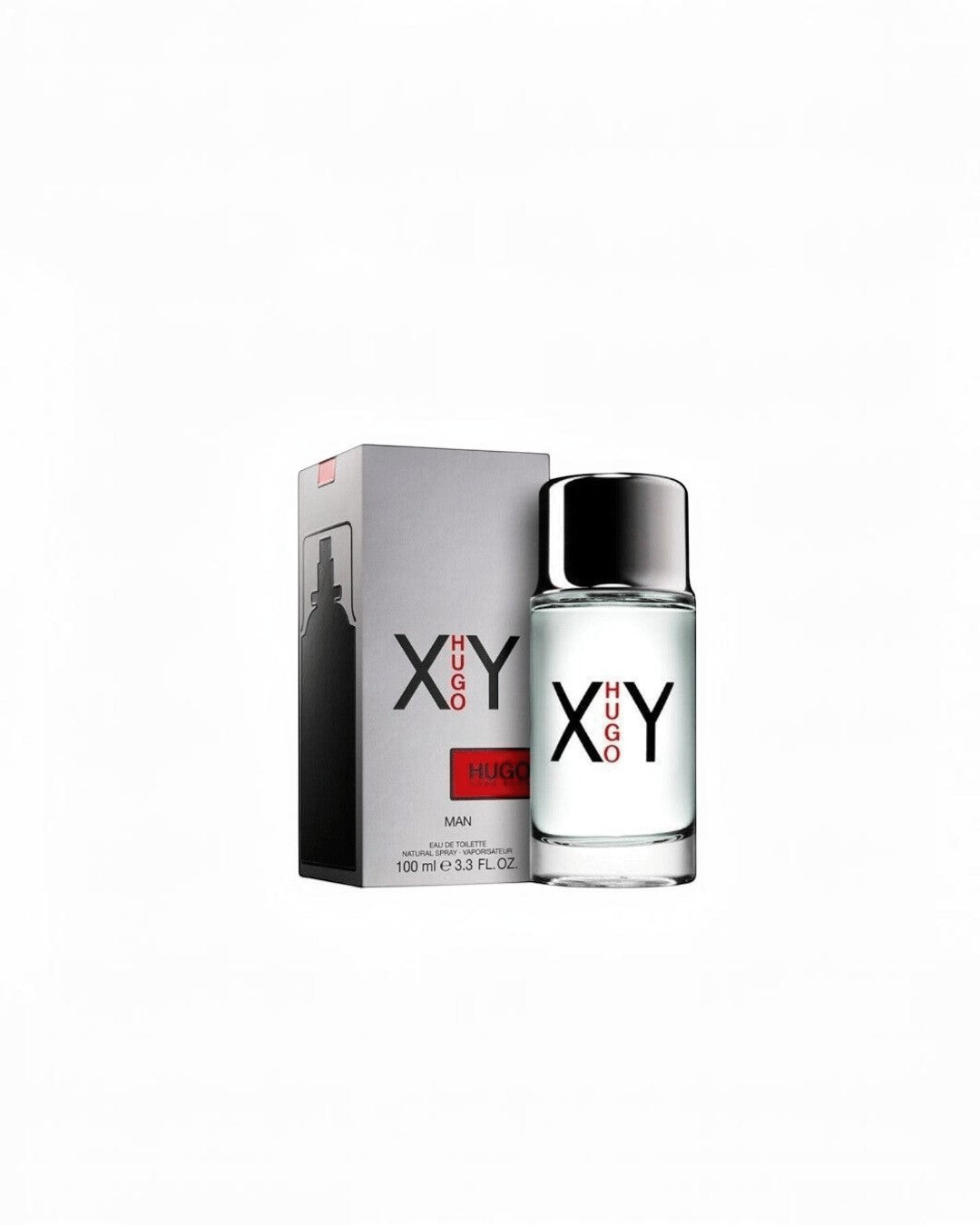 Maison Glitter Hugo XY Eau de Toilette for Men, 100ml. Clear glass bottle with silver cap and grey box.